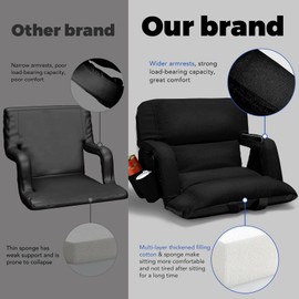 yeyeeyyee Wide Stadium Seats with Back Support, Exclusive Sofa Style Design Extra Thick Bleacher Chairs with Back and Cushion, 6 Reclining Positions - Ultimate Comfort for Sports Events (Black, 25")