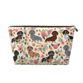 DITXIT Dachshund Sausage Dogs Pink Flowers Print Cosmetic Bag Travel Makeup Bag Organizer Toiletry Bag with Zipper Storage Pouch Coin Purse Brushes for Women Girls Gifts