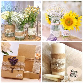 8 m Jute Ribbon with Lace, 13 m Lace Ribbon White Vintage, 10 m Jute Cord, Pack of 30 Wooden Discs Decoration for Crafts, Wooden Heart Decoration for Wedding, Christmas, Crafts, Gifts Decoration