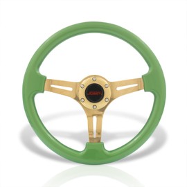 AJP Distributors JDM Sport Universal 14" 350mm 6-Bolt Holes Steel Steering Wheel Metallic Green Frame Gold Heavy Duty Spokes Light Weight + Horn Button Replacement VIP Tracking Grip