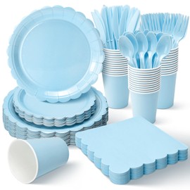 350Pcs Light Blue Paper Plates and Napkins Tableware Set (Serve 50), Light Blue Birthday Decorations Include Scalloped Plates Napkins Cups Plastic Spoons Forks Knives for Wedding, Baby Shower Birthday
