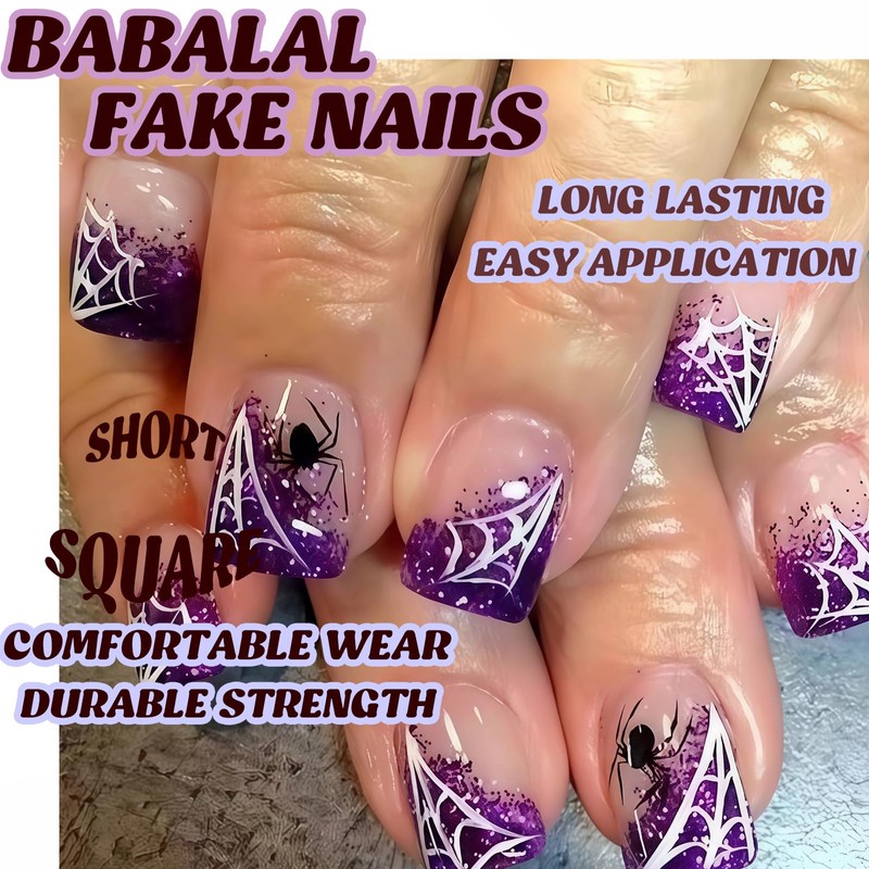 BABALAL Acrylic Press on Nails Short Square Fake Nails Purple