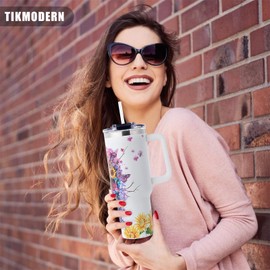 TIKMODERN Skull Tumbler Gothic Skull Gifts for Women - Gothic Skull 40oz Tumbler with Handle - Christmas Birthday Present with Sunflowers Butterfly for Skull Lovers Sugar Skull Themed Gifts for Women