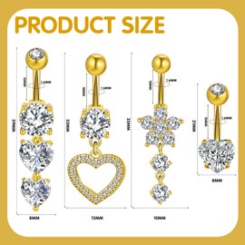 ViEinkaufen 4Pcs Gold Belly Button Ring Stainless Steel 10mm Belly Button Bars Heart Flower Dangly Belly Button Piercing for Women Navel Button Rings Jewelry