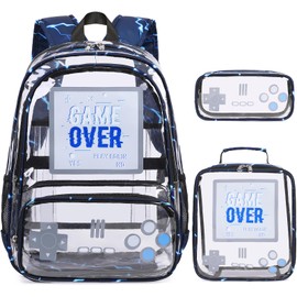 Scothen Clear Backpack for Boys, Clear Gamer School Backpack Heavy Duty with Lunch Bag and Pencil Case, Transparent See Through Bookbag Stadium Approved for Teen Boy Kids Elementary Middle High School