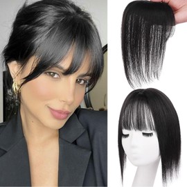 Mscat Bangs Hair in Clip 50% Human Hair Mixed Extensions Fake French Bangs for Women Fringe with Temples Hairpieces Curved Bangs for Daily Wear (Natural Black, French Bangs)