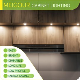 Meigour Under Cabinet LED Puck Lighting Kit, Rotary Dimmer Switch, Plug in 110V AC Powered to DC12V, Black Cords, 4 Lights, Warm White