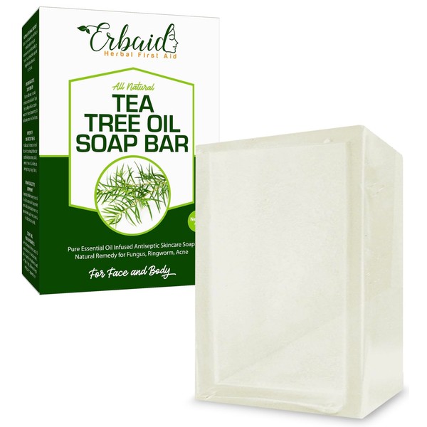 Erbaid Tea Tree Oil Soap Bar for Face & Body, 4oz –All Natural Remedy Skin Cleanser – Pure Essential Oil Infused Skincare Cleansing Soap for Dirt & Acne - Tea Tree Face & Body Wash Made in USA