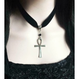 Silver cross Choker Necklace, Black Velvet Choker, Jewelry, Gothic Witch Wiccan