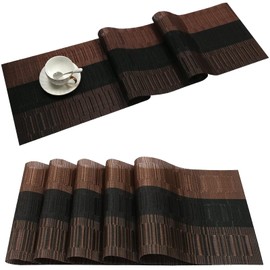 ADRIMER Placemats with Table Runner Set, Woven Vinyl Kitchen Tablemat, Washable PVC Table Mats for Dining Table, Parties, Farmhouse, Thanksgiving, Christmas & Gathering(Brown & Black)