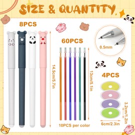 NVGVUP Erasable Ballpoint Pen, Pack of 8 Colour Erasable Pens 0.5 mm, Cartoon Erasable Gel Pens with 60 Refills and 4 Erasers, for Children, Students, Adults, Office Supplies