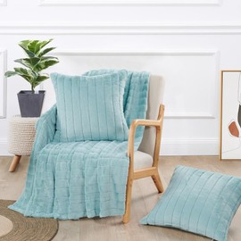 Home Soft Things Rabbit Faux Fur Throw Blanket (50" x 60") and 2 Pillow Covers (18" x 18")，3 Piece Pastel Turquoise Throw Pillow Set，Decorative Throw Blankets for Couch Bed Living Room