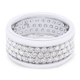 SAVEARTH DIAMONDS 1 3/4 cttw Round Lab Created Moissanite Diamond 3-Row Eternity Stackable Wedding Band Ring In 14K White Gold Over Sterling Silver 1 1/2 Cttw Size-6.5