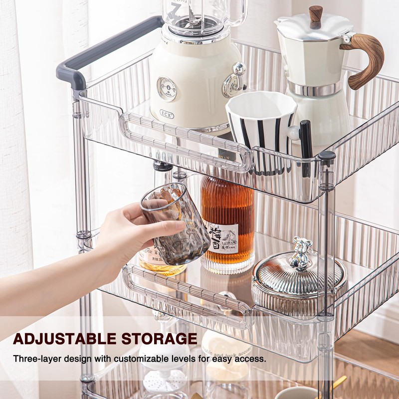 HYBRIDEAS Clear 3-Tier Rolling Utility Cart Organizer with Wheels and