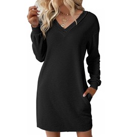 EVALESS Fall Dresses for Women 2025 Fashion V Neck Long Sleeve Summer Mini Dress Solid Casual Beach Vacation Clothes Tshirt Dresses with Pockets Women's Clothing Black Medium