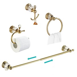 WOLIBEER Gold Bathroom Accessories, Brass Crystal Towel Bar Set Toilet Paper Holder Towel Ring Robe Hooks 4 Pieces Wall Mounted