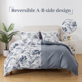 BedTreat Floral Duvet Cover Set Queen Size,3pcs Reversible Pattern-Solid Design Bedding Set,1 Duvet Cover with Zipper Closure & 8 Ties and 2 Pillow Shams,Soft(No Comforter)-Lisse,Blue Mirage