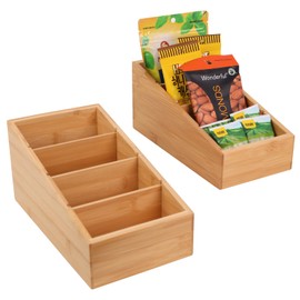 HTB 4-Section Snack Organizer with Removable Dividers for Kitchen, Cabinet, Office, Countertop, 2 Pack Bamboo Pantry Storage Organization for Spice Packets, Seasoning Pouches, Coffee Pods