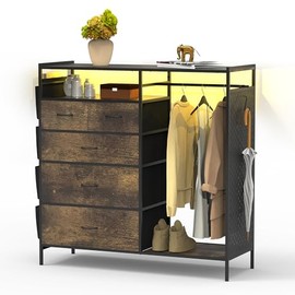 5-Drawer Wardrobe Dresser for Bedroom with Clothes Rack & Side Pockets, Wood Top Organizer with Charging Station & LED Lights, Sturdy Steel Frame – Ideal for Nursery, Closet, Hallway Storage (Brown)