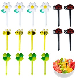 Food Picks for Kids, 16 Pcs Cute Mini Fruit Forks, Plastic Food Picks with Ladybug/Bee/Four-Leaf Clover/Flower Patterns, Reusable Bento Box Accessories for Children & Adults