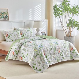 Joyreap 2 Pieces Quilt Set Twin, Floral Green n White Design, Soft n Cozy Microfiber Quilt, Bedspread Bed Cover for All Season, 1 Quilt and 1 Pillow Sham- 68x86 inches