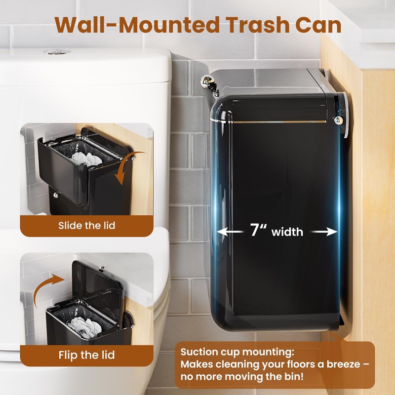 InnJoey 7-Piece Black Bathroom Set with Suction Wall Trash Can