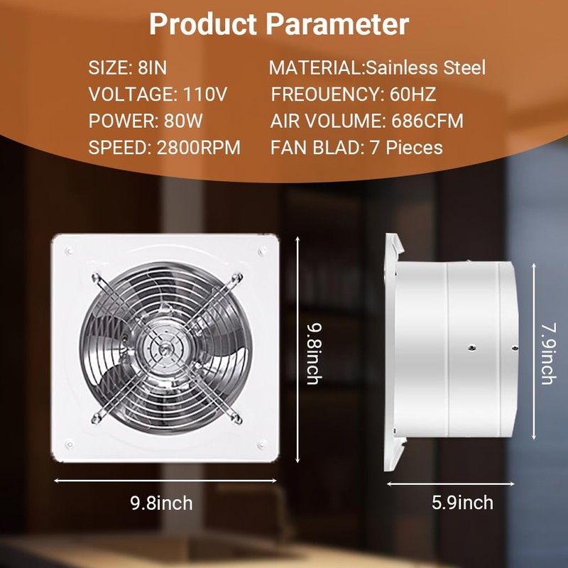 8" Kitchen Exhaust Fan with Variable Speed Controller, 686CFM Wall