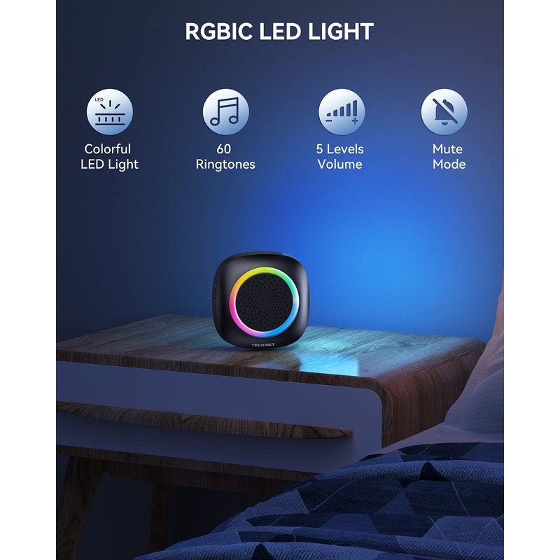 TECKNET Longest 1300 Feet Wireless Doorbell with RGB Alarm Lighting,Battery-Powered