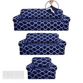Peryiter 3 Pcs Couch Cover Set for Living Room Furniture Covers for Couch and Sofas Loveseat Arm Chair Slipcover, Furniture Protector, Form Fit Stretch, Wrinkle Free (Navy Blue)