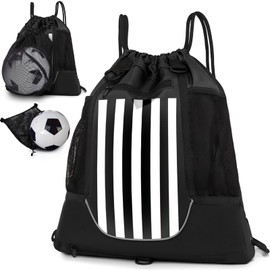 KAEGREEL Drawstring Basketball Backpack for Boys Girls, Foldable Sports Bag with Detachable Ball Mesh Bag for Soccer Baseball Volleyball Stuff, Gym Yoga Sackpack (Black & White Stripes)