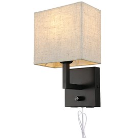 wkeessee Bedside Wall Mount Light with Dimmer Switch and Two USB Charging Port, Fabric Linen Shade Wall Sconces Light with Plug in Cord, Black Wall Lamp Perfect for Bedroom, Living Room and Hotel