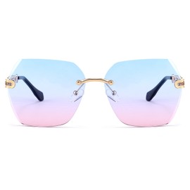 FEISEDY Women Trendy Rimless Sunglasses Metal Frame Diamond Cutting Lens B2567 (Blue Pink)