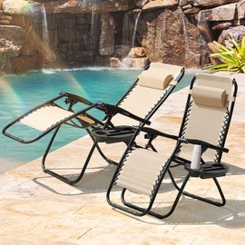 Homall Zero Gravity Chair Adjustable Folding Lawn Lounge Chairs Outdoor Lounge Gravity Chair Camp Reclining Lounge Chair with Pillows for Poolside Backyard and Beach Set of 2 (Cream-Coloured)