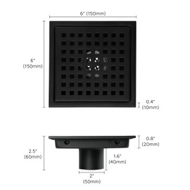 Heaorld - Drenaje de ducha cuadrado de 6 pulgadas con rejilla extraíble y captador de pelo, acero inoxidable SUS 304, negro mate