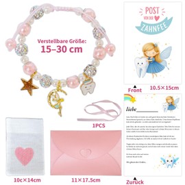 Snyvpra Tooth Fairy Gifts Girls, Tooth Fairy Postcard Pearl Bracelet Milk Tooth Surprise Gifts, Colourful Bracelets and Fabric Bag, for Birthday, Christening, Christmas, Courage for Daughter, Niece