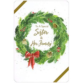 Pictura Pine Needle Wreath with Red Bow Sister and Family Christmas Card