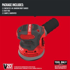 CRAFTSMAN V20 Orbital Sander, Cordless, 12,000 OPM, Bare Tool Only (CMCW220B)