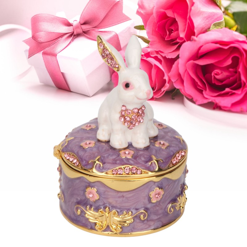 Rabbit Trinket Box Vintage Metal Enamel Antique Floral Engraving Pattern