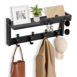dreampossible Coat Rack Wall Mount with Shelf, Coat Hanger Wall Mount with Key Hooks and Mail Holder, Wood Entryway Floating Shelf with Hooks and Storage, Hat Rack for Wall Key Holder Mail Organizer