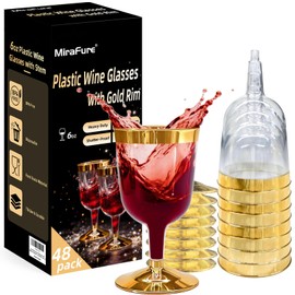 48PCS Plastic Wine Glasses with Gold Rim, 6 Oz Stemmed Disposable Wine Cups