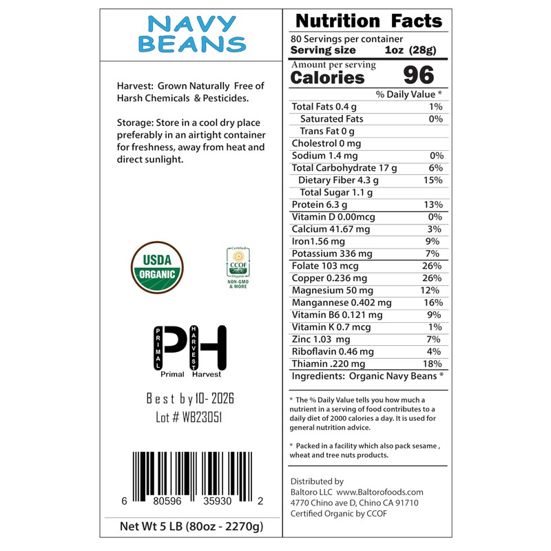 Primal Harvest Organic Navy Beans Raw non GMO Vegan Bulk
