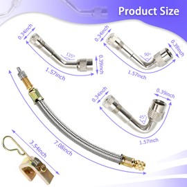 8Pcs Stainless Steel Valve Stem Extension Includes 2Pcs 7.1 inches Braided Valve Stem Extender, 6Pcs 45 90 135 Degree Brass Valve Stem Extension Adaptor for Most Cars Truck Motorcycle Bike Scooter