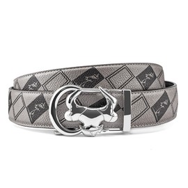 Coipdfty Cowboy Belt for Men Leather Ratchet Dress Belts for Men Adjustable Belt (Bull Head Silver Buckle Grey Checkered Belt, 31''-36''Waist Adjustable)