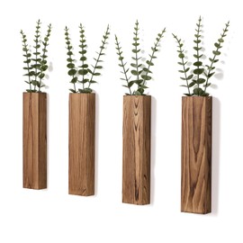 Mokof 4 Pack Wooden Wall Planters with Fake Eucalyptus Stems, Modern Farmhouse Wood Vases Plants Wall Decor for Living Room, Bedroom, Bathroom (Dark Brown)