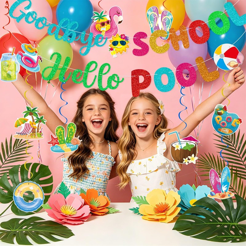Goodbye School Hello Pool Banner Hanging Swirls for Summer Pool