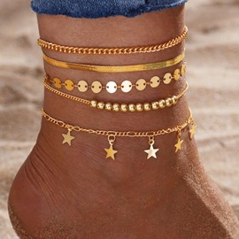 Ushiny Boho Anklet with Multiple Layers Gold Beads Anklet Sequins Ankle Jewellery Star Beach 5 Pieces Anklet for Women and Girls, Plastic