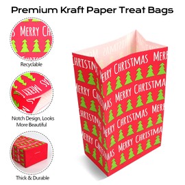 50 Pack Gift Bags Christmas, TOOELMON Kraft Treat Goody Bags Multipack with 60 PCS Stickers Small Gift Bag for Classrooms, Party Favors and Birthdays (Christmas)
