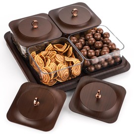 Sailench Serving Set: Plastic Imitated Wood Serving Tray & 4 Snack Boxes with Lid, Ideal for Home, Party & Birthday