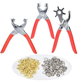 Revolving Leather Belt Hole Punch Pliers, Eyelet Pliers, Snap Pliers, Hand Puncher Tool Kit for Leather Belt Hole Making(Red Handle)