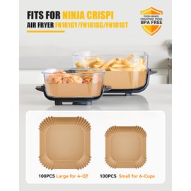 200PCs Air Fryer Paper Liners for Ninja Crispi Glass Air Fryer FN101CGY, MMH 100pcs Large for 4-QT & 100pcs Small for 6-Cups Container,Non-Stick Airfryer Disposable Accessories, Square Free of Bleach
